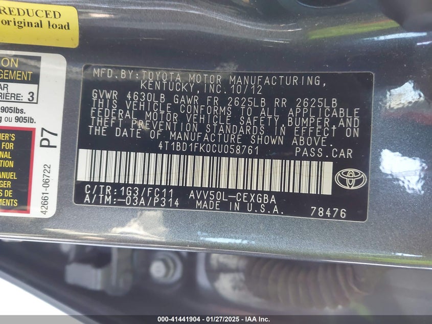 2012 TOYOTA CAMRY HYBRID VIN: 4T1BD1FK0CU058761