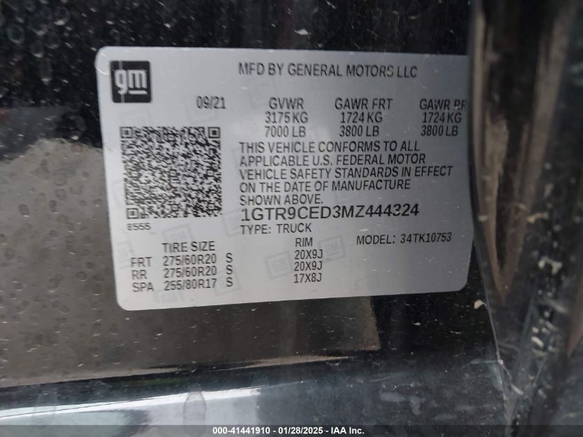 2021 GMC Sierra 1500 4Wd Double Cab Standard Box Elevation VIN: 1GTR9CED3MZ444324 Lot: 41441910