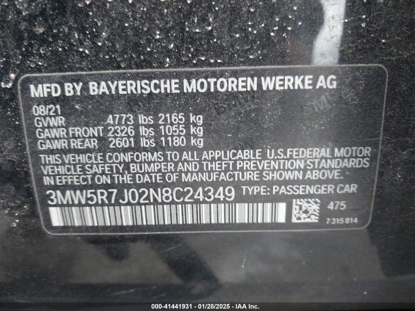 2022 BMW 330I xDrive VIN: 3MW5R7J02N8C24349 Lot: 41441931