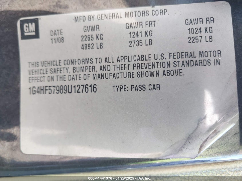 2009 BUICK LUCERNE VIN: 1G4HF57989U127616