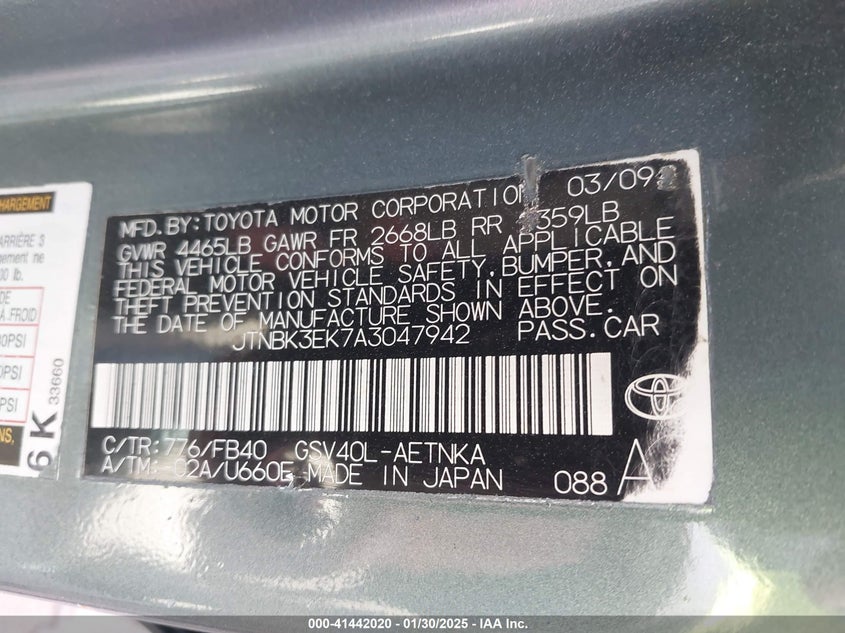 2010 TOYOTA CAMRY VIN: JTNBK3EK7A3047942