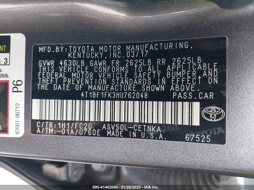 2017 TOYOTA CAMRY VIN: 4T1BF1FK3HU762048