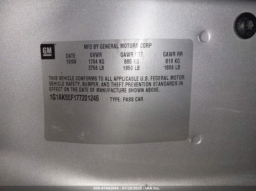 2007 CHEVROLET COBALT VIN: 1G1AK55F177201246