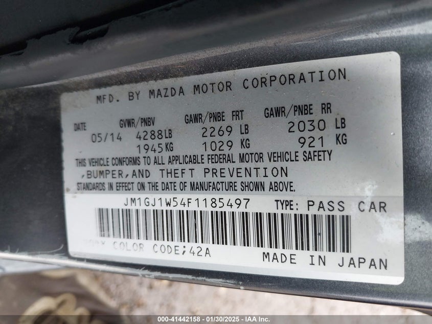 2015 MAZDA MAZDA6 VIN: JM1GJ1W54F1185497