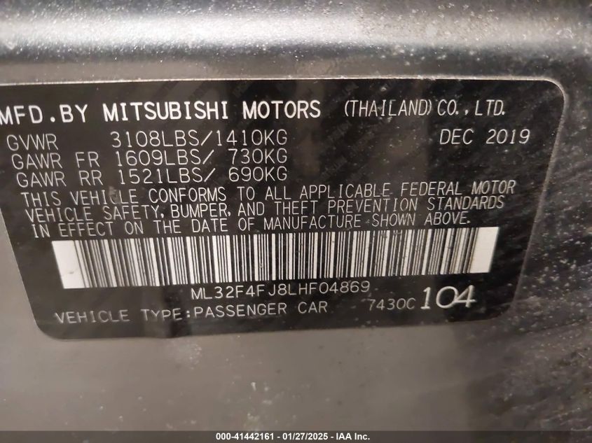 2020 Mitsubishi Mirage G4 Le VIN: ML32F4FJ8LHF04869 Lot: 41442161