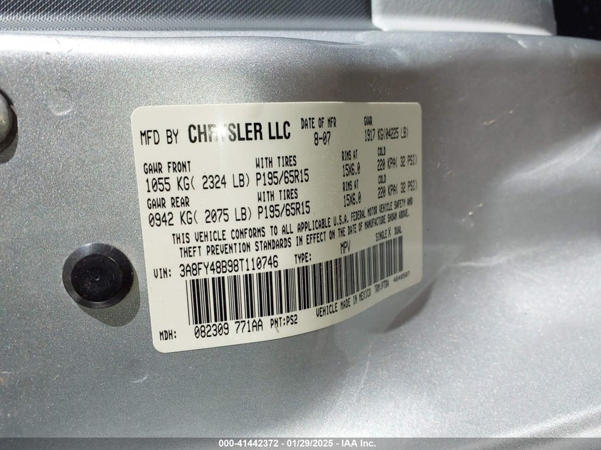 2008 CHRYSLER PT CRUISER VIN: 3A8FY48B98T110746