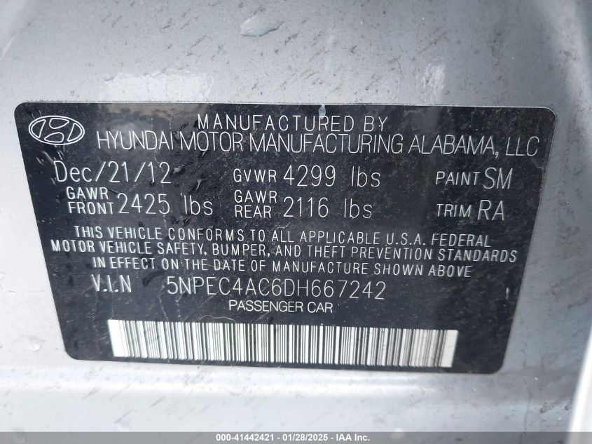 2013 Hyundai Sonata Se VIN: 5NPEC4AC6DH667242 Lot: 41442421
