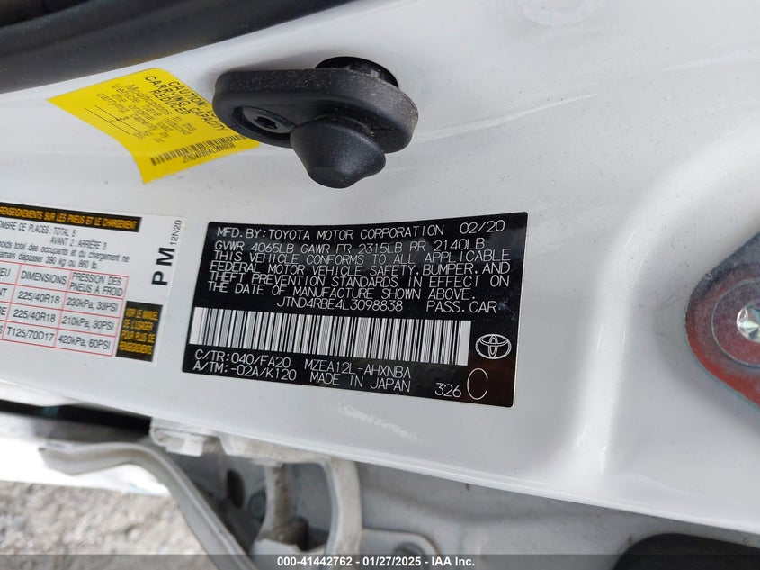 2020 TOYOTA COROLLA VIN: JTND4RBE4L3098838