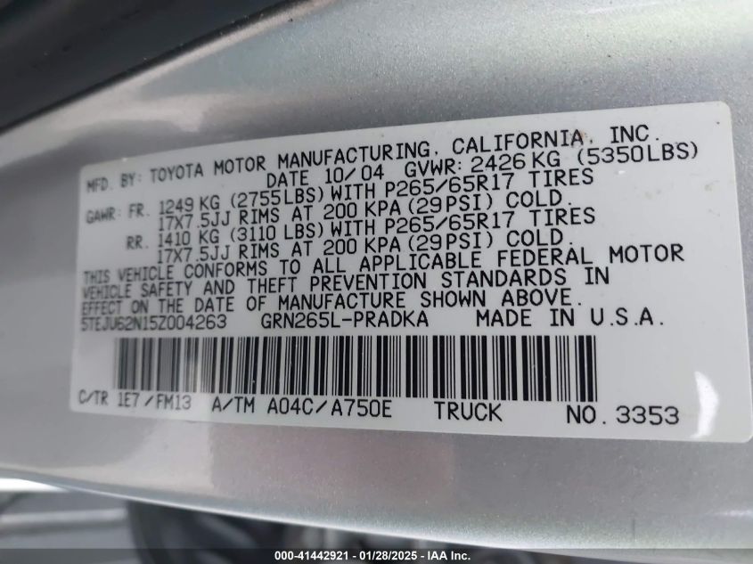 2005 Toyota Tacoma VIN: 5CEJU62N15Z004263 Lot: 41442921