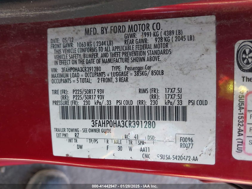 2012 FORD FUSION VIN: 3FAHP0HA3CR391280