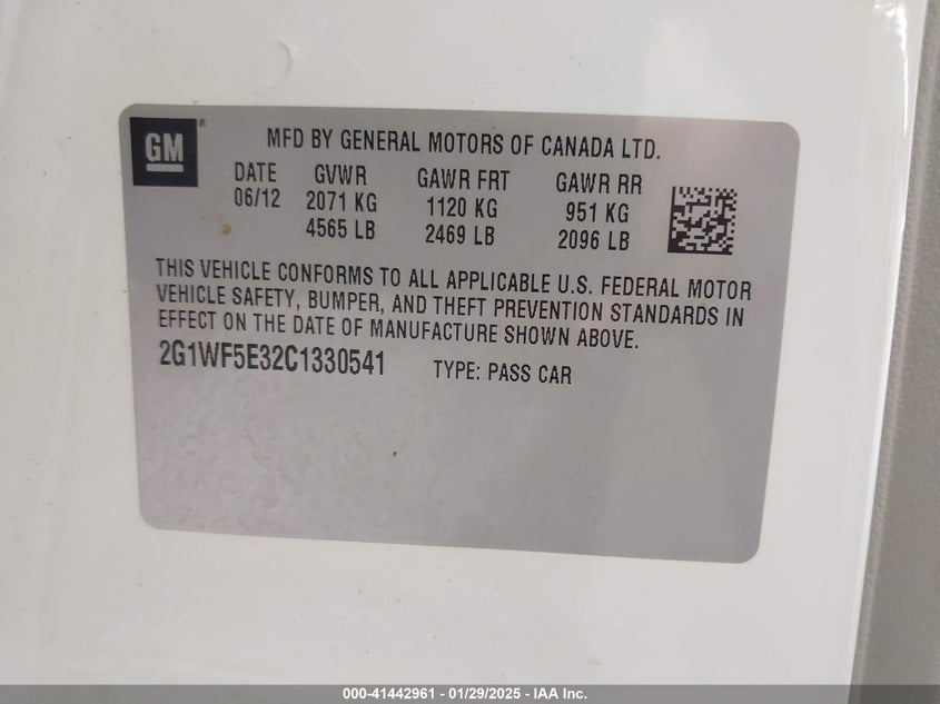 2012 CHEVROLET IMPALA VIN: 2G1WF5E32C1330541