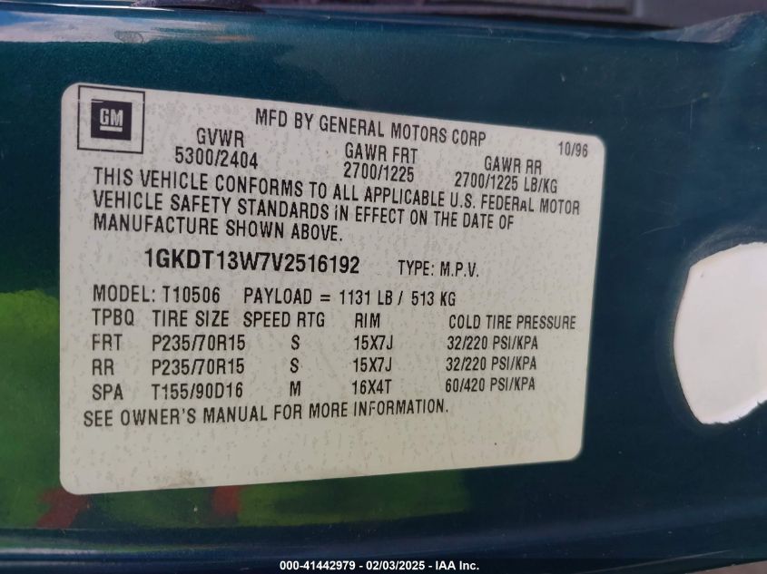 1997 GMC Jimmy Sls VIN: 1GKDT13W7V2516192 Lot: 41442979