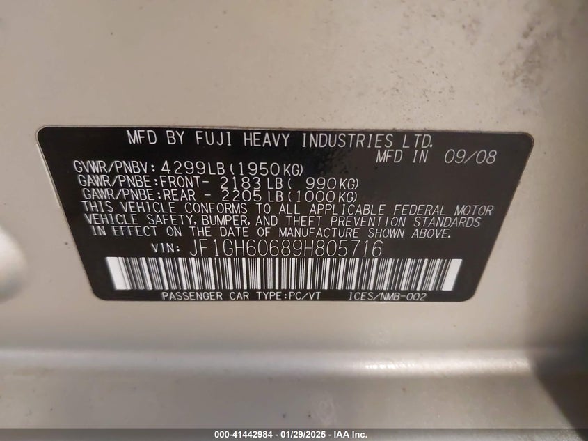 2009 SUBARU IMPREZA WAGON VIN: JF1GH60689H805716