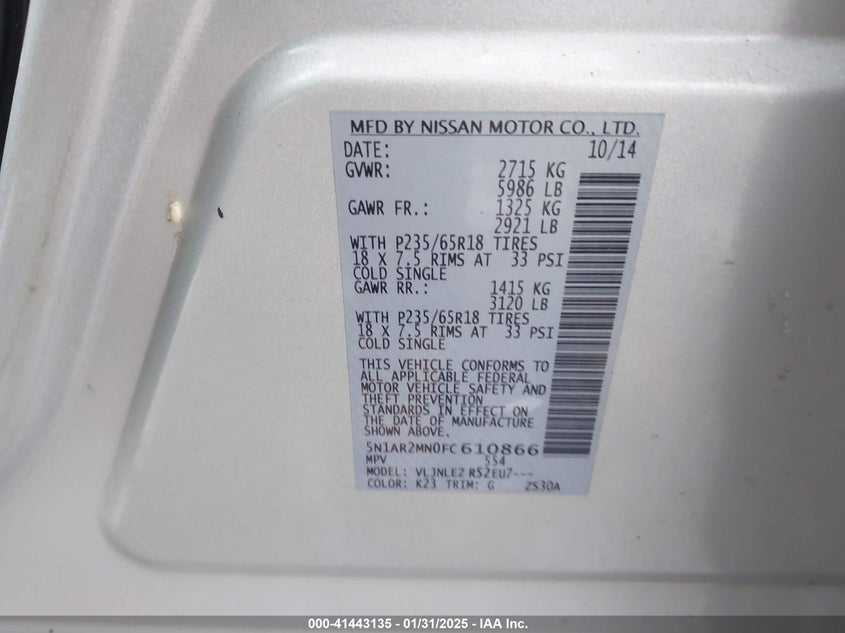 2015 NISSAN PATHFINDER PLATINUM/S/SL/SV 5N1AR2MN0FC610866