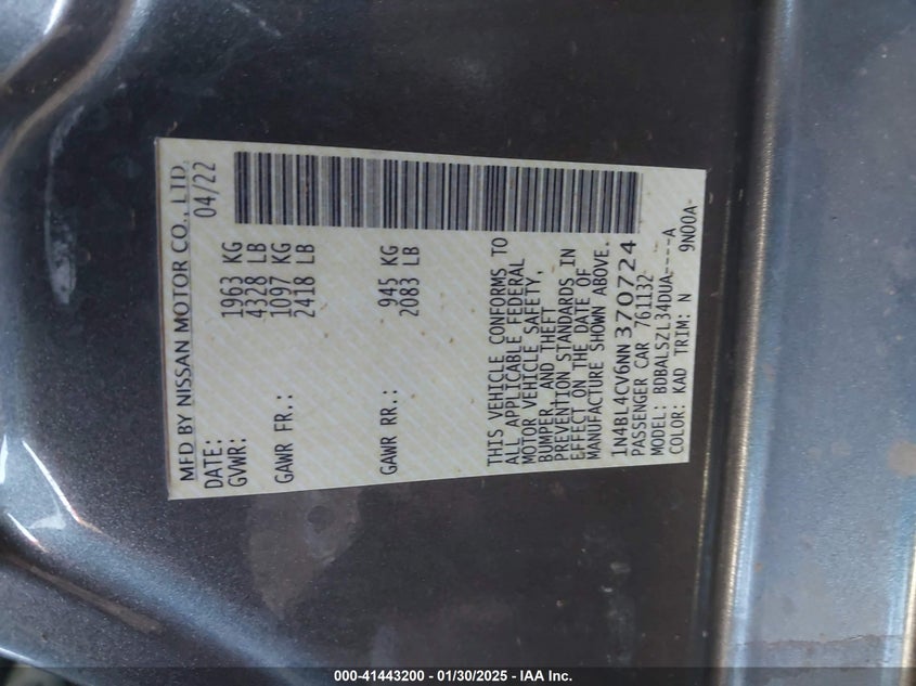 2022 NISSAN ALTIMA VIN: 1N4BL4CV6NN370724