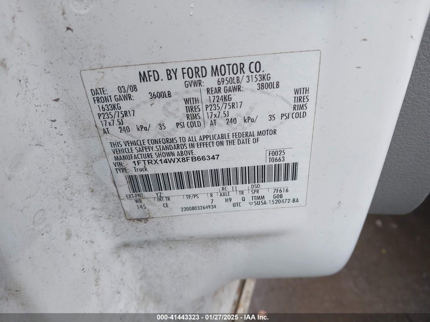 2008 FORD F-150 VIN: 1FTRX14WX8FB66347