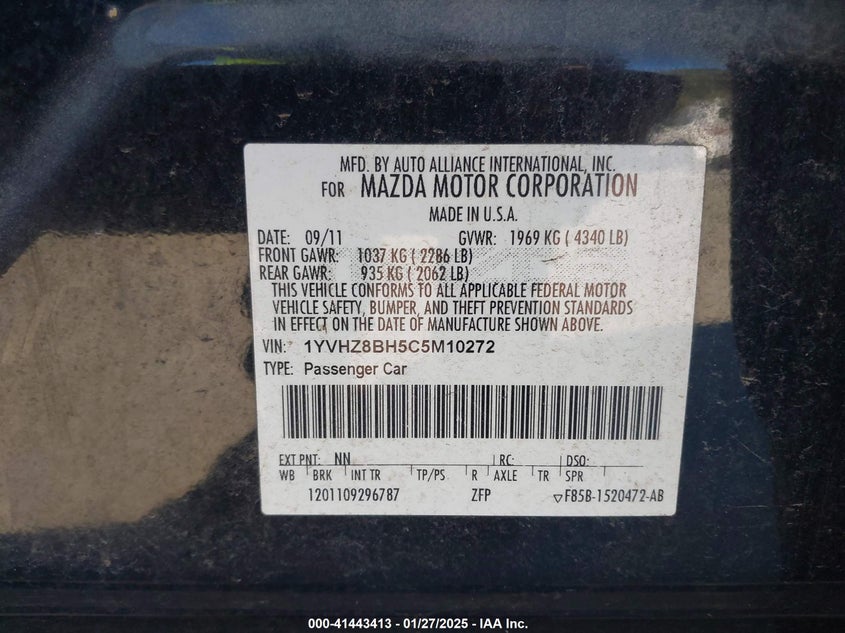 2012 MAZDA MAZDA6 VIN: 1YVHZ8BH5C5M10272