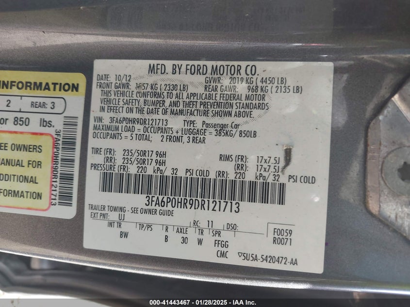 2013 FORD FUSION VIN: 3FA6P0HR9DR121713