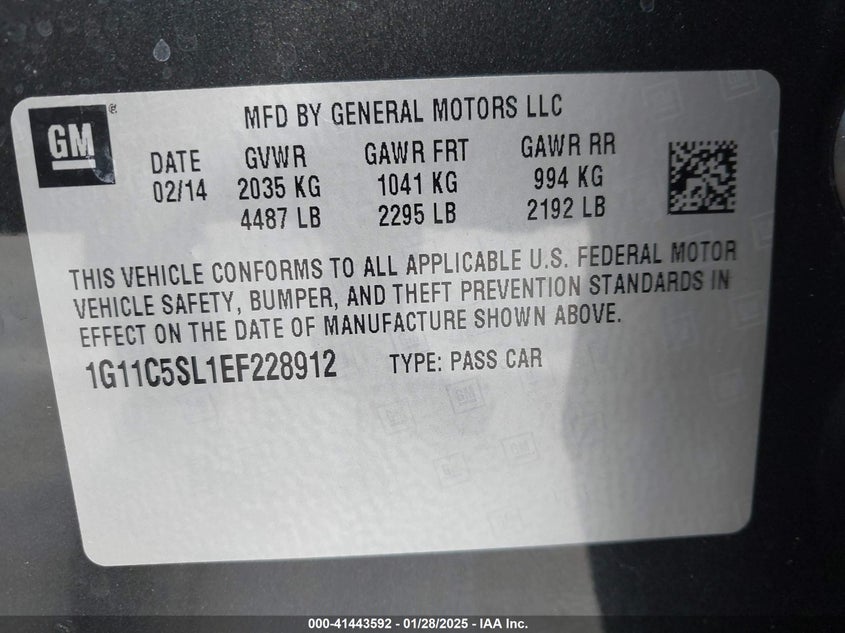 2014 CHEVROLET MALIBU VIN: 1G11C5SL1EF228912
