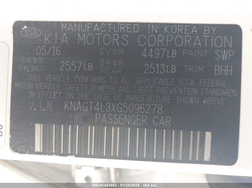 2016 KIA OPTIMA VIN: KNAGT4L3XG5096278