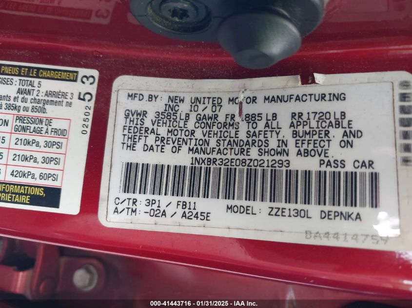 2008 Toyota Corolla Le VIN: 1NXBR32E08Z021293 Lot: 41443716