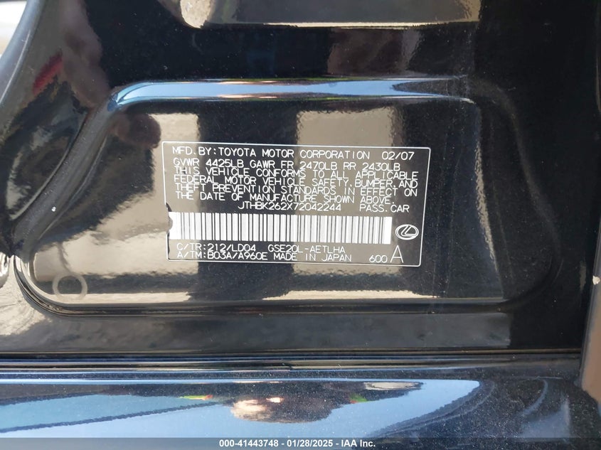 2007 Lexus Is 250 VIN: JTHBK262X72042244 Lot: 41443748