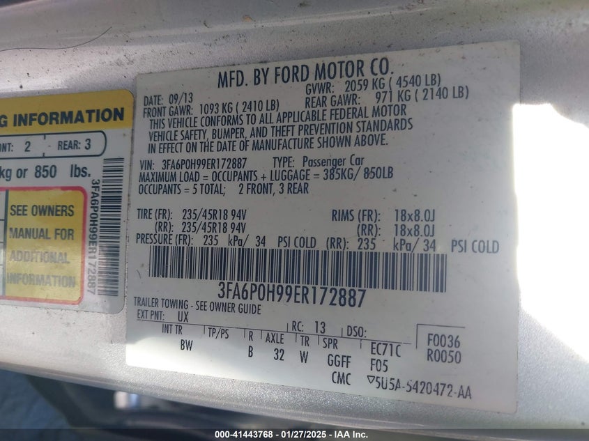 2014 FORD FUSION VIN: 3FA6P0H99ER172887