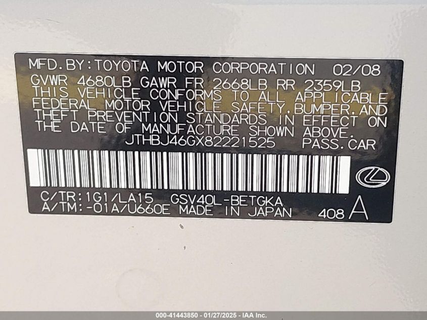 2008 Lexus Es 350 VIN: JTHBJ46GX82221525 Lot: 41443850