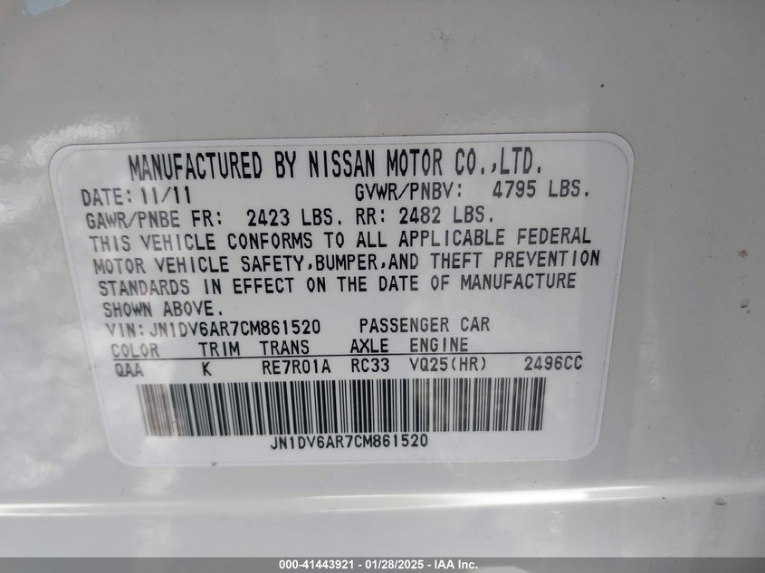 2012 INFINITI G25 VIN: JN1DV6AR7CM861520
