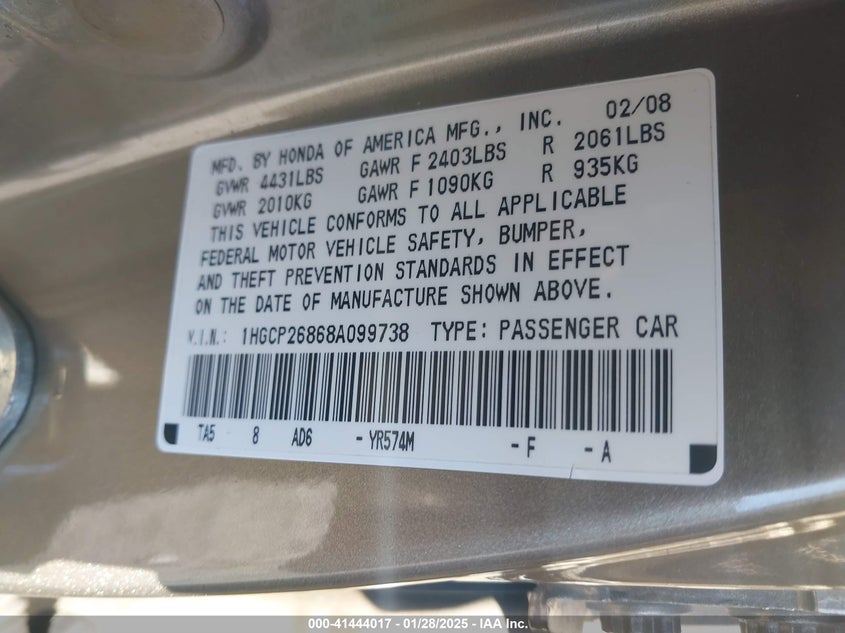 2008 HONDA ACCORD VIN: 1HGCP26868A099738