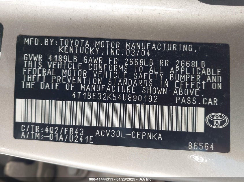 2004 Toyota Camry Le VIN: 4T1BE32K54U890192 Lot: 41444311