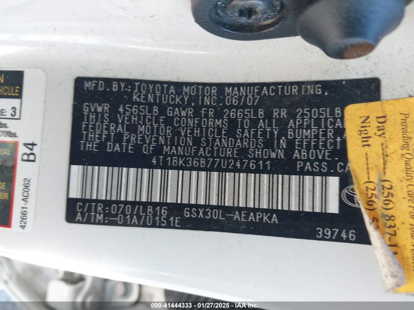 2007 Toyota Avalon Limited VIN: 4T1BK36B77U247611 Lot: 41444333