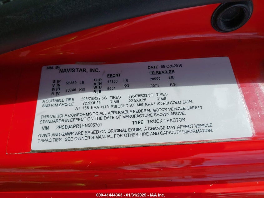 2017 International Prostar+ VIN: 3HSDJAPR1HN506701 Lot: 41444363