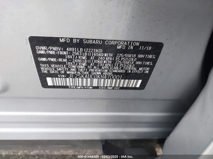2019 Subaru Forester Limited VIN: JF2SKAUC0KH470001 Lot: 41444380