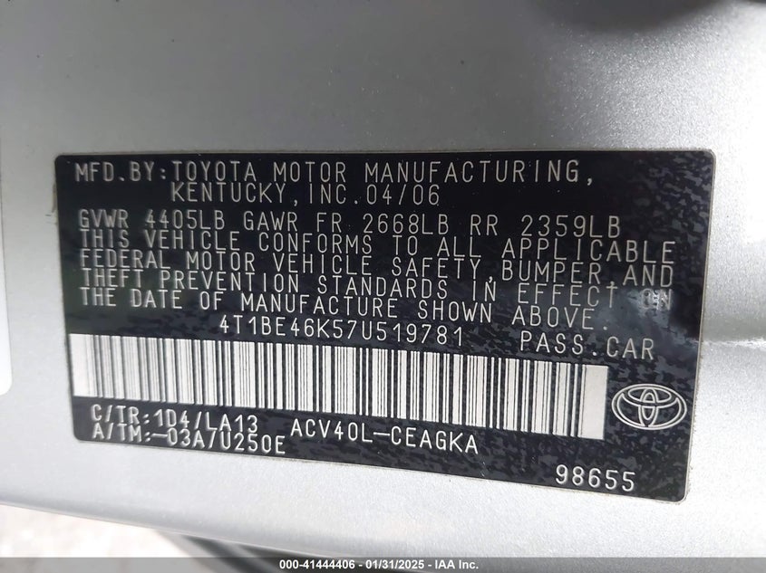 2007 TOYOTA CAMRY VIN: 4T1BE46K57U519781