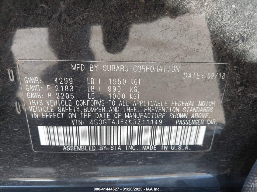 2019 SUBARU IMPREZA 2.0I SPORT - 4S3GTAJ64K3711149