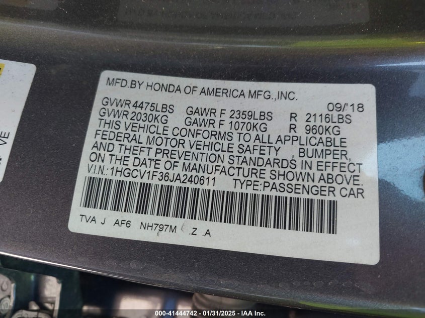 2018 HONDA ACCORD VIN: 1HGCV1F36JA240611