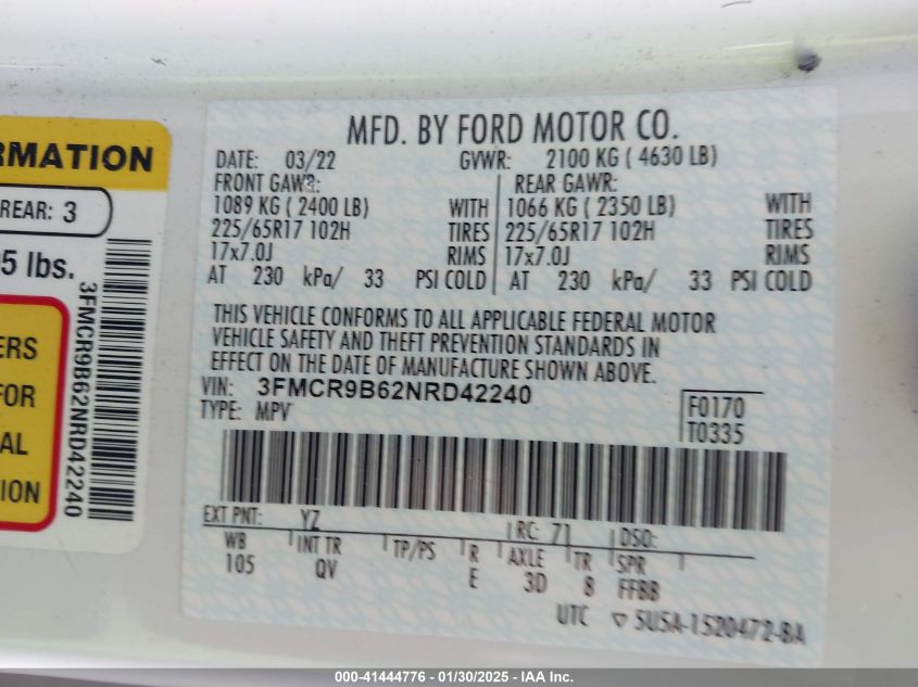 2022 Ford Bronco Sport Big Bend VIN: 3FMCR9B62NRD42240 Lot: 41444776