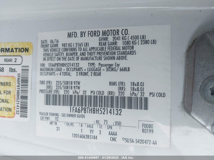 2017 FORD MUSTANG VIN: 1FA6P8TH8H5214132