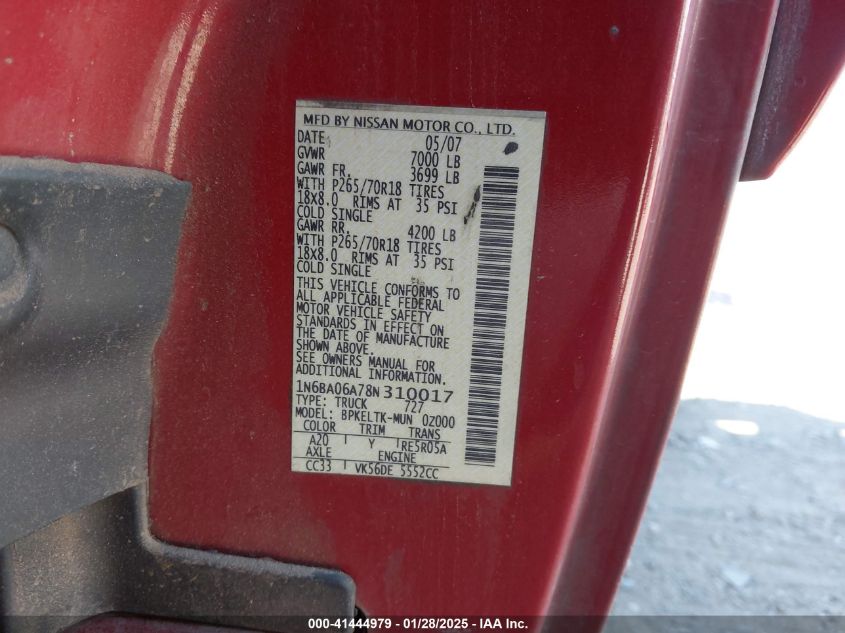 2008 Nissan Titan Se VIN: 1N6BA06A78N310017 Lot: 41444979