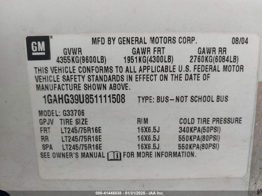 2005 Chevrolet Express VIN: 1GAHG39U851111508 Lot: 41445038