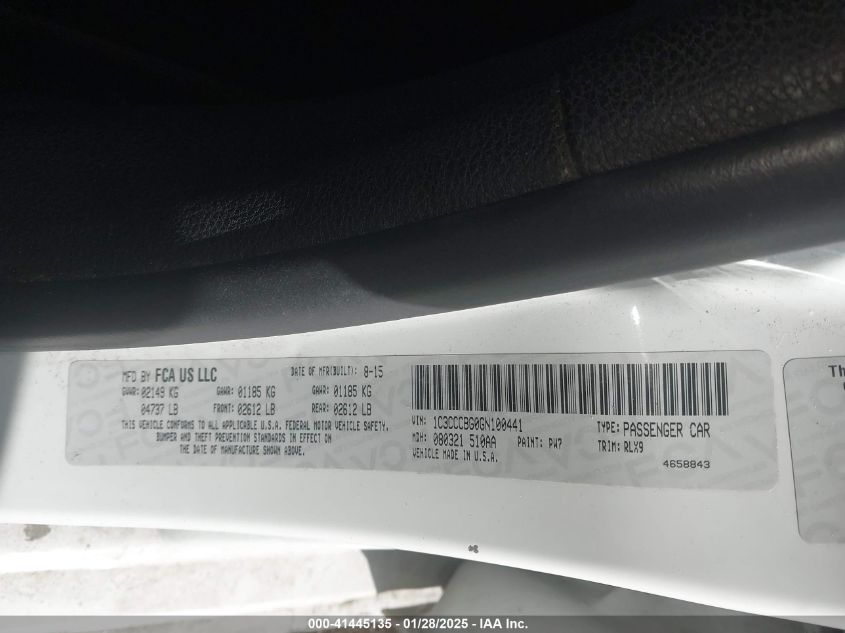 2016 Chrysler 200 S VIN: 1C3CCCBG0GN100441 Lot: 41445135