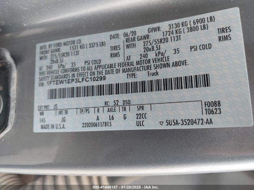 VIN 1FTEW1EP3LFC10299 2020 FORD F-150 no.9