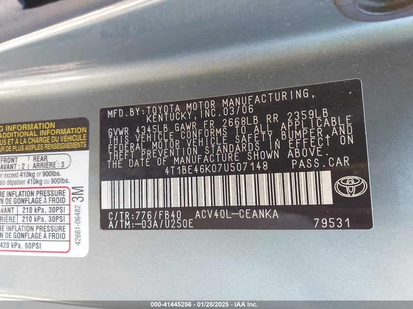 2007 TOYOTA CAMRY VIN: 4T1BE46K07U507148