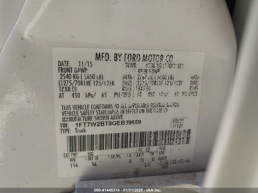 2016 Ford F250 VIN: 2FT7W2BTBGEB39659 Lot: 41445314