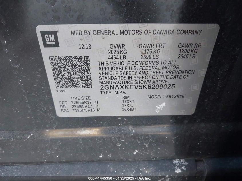 2019 CHEVROLET EQUINOX VIN: 2GNAXKEV5K6209025