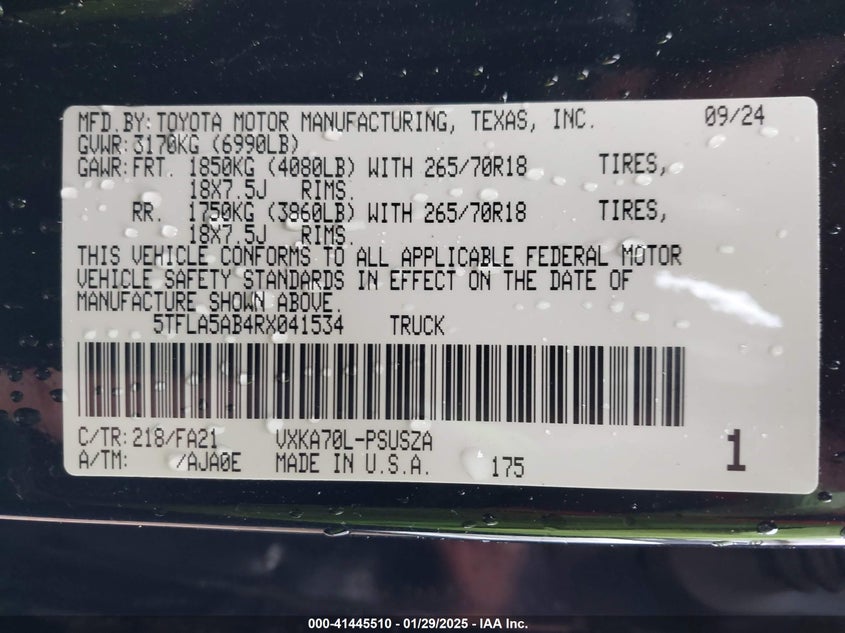 2024 TOYOTA TUNDRA VIN: 5TFLA5AB4RX041534