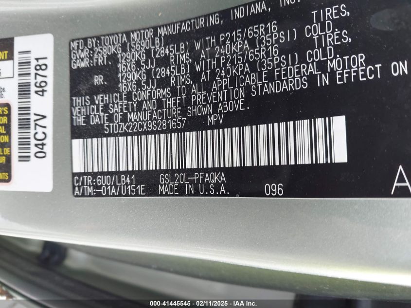 2009 Toyota Sienna Xle VIN: 5TDZK22CX9S281657 Lot: 41445545