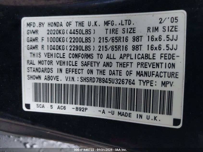 2005 Honda Cr-V Se VIN: SHSRD78945U32676 Lot: 41445722