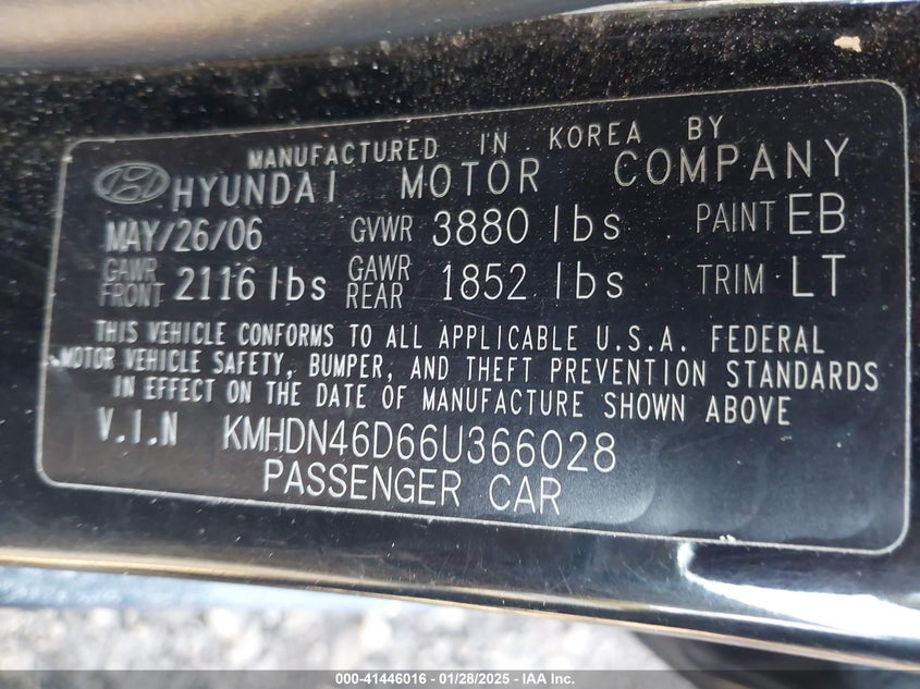2006 HYUNDAI ELANTRA VIN: KMHDN46D66U366028